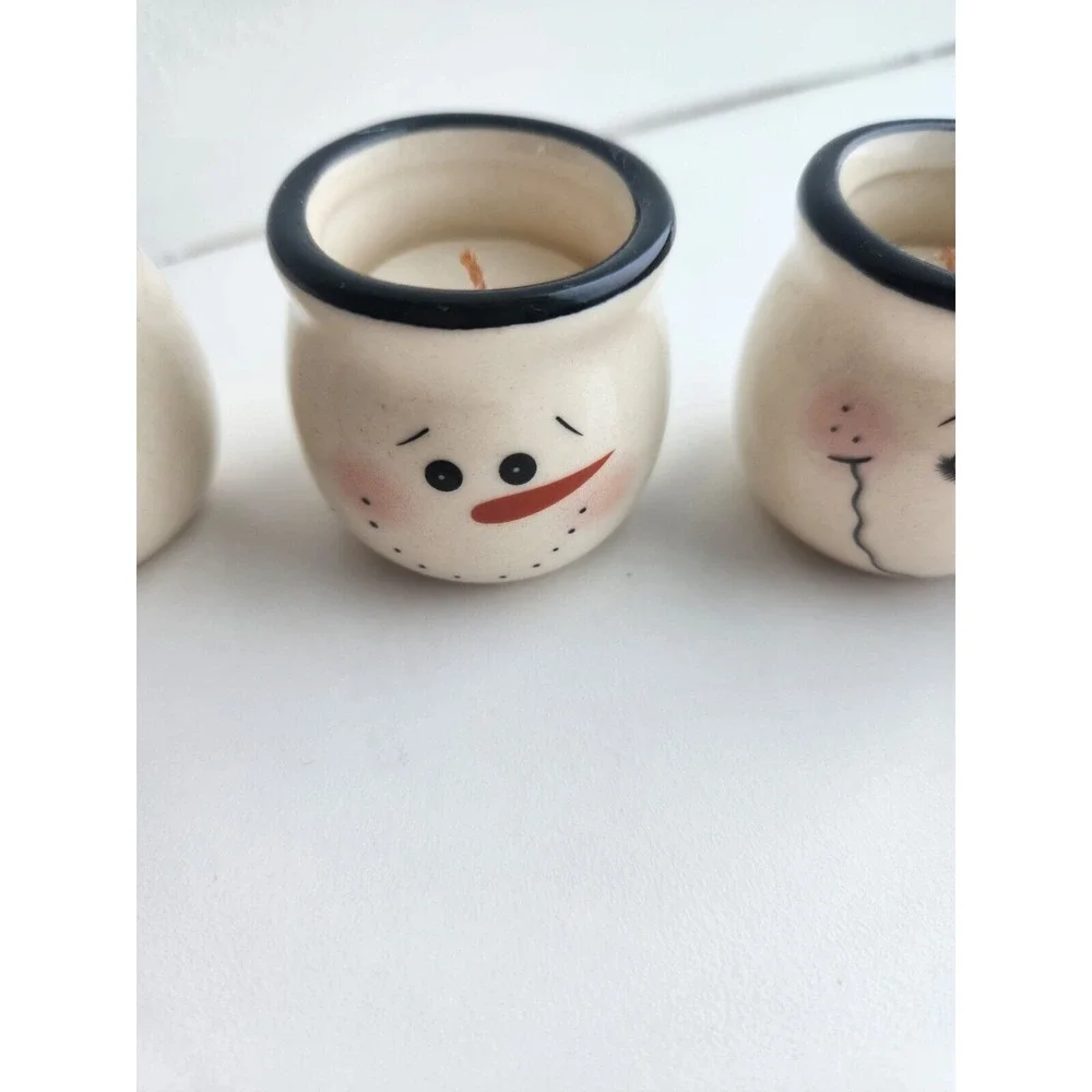 Set of 4 Snowman Mini Jar Candles Ceramic Painted Christmas‎ Holiday Winter